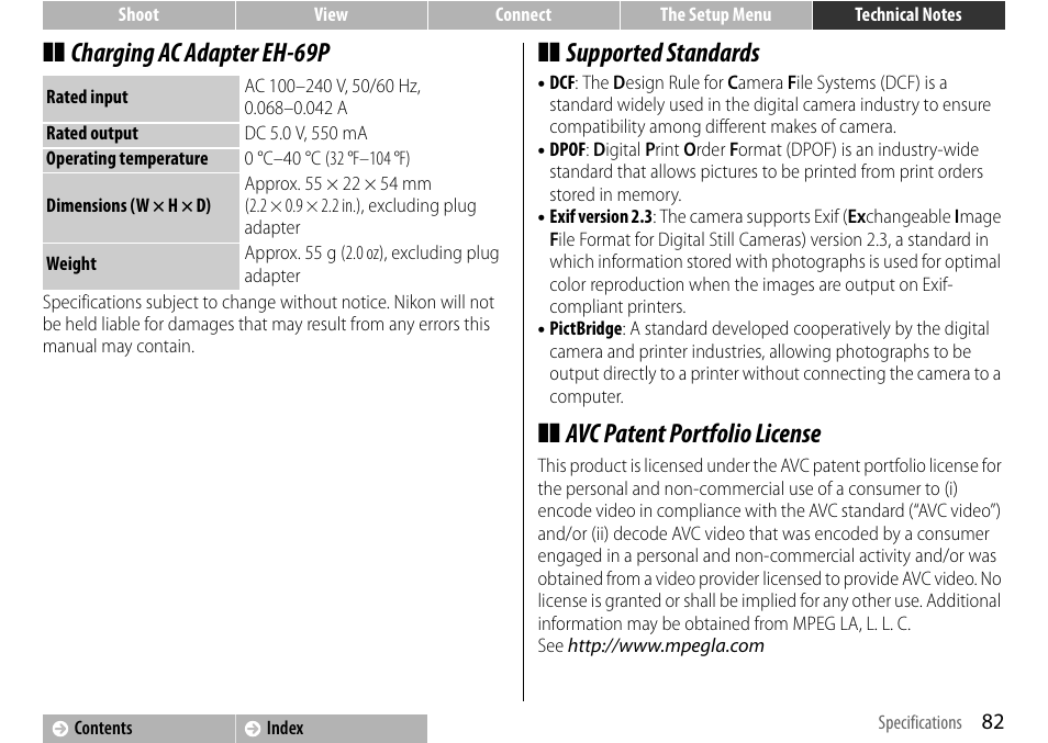 A 82, Charging ac adapter eh-69p, Supported standards | Avc patent portfolio license | Nikon S01 User Manual | Page 92 / 96