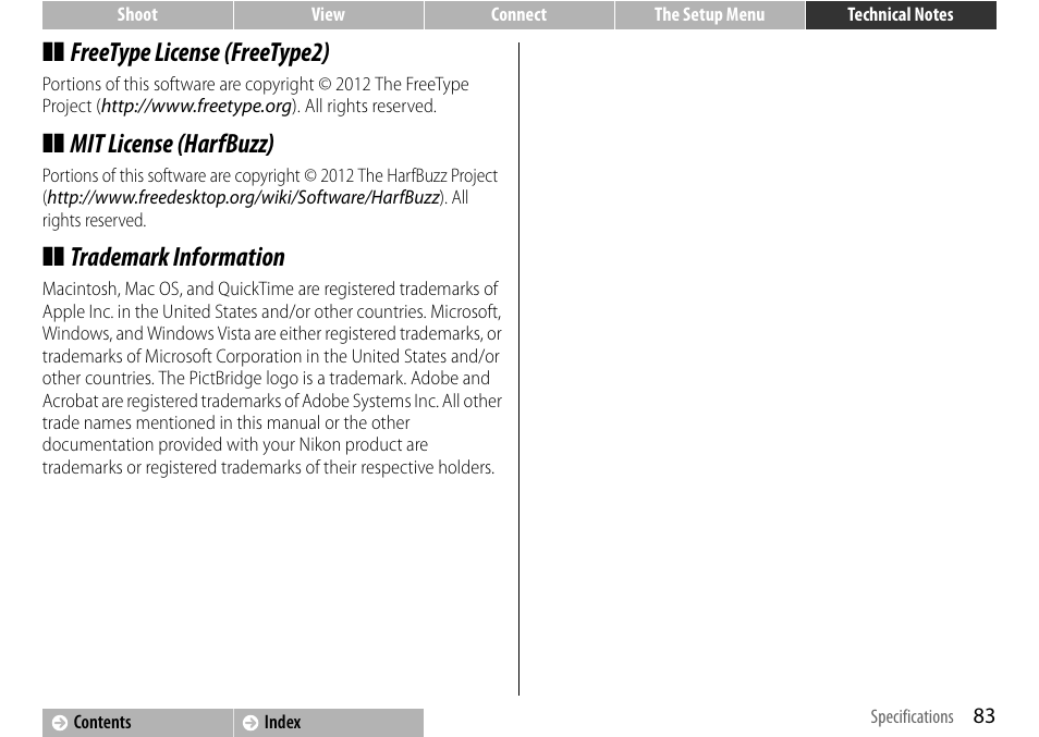 Freetype license (freetype2), Mit license (harfbuzz), Trademark information | Nikon S01 User Manual | Page 93 / 96