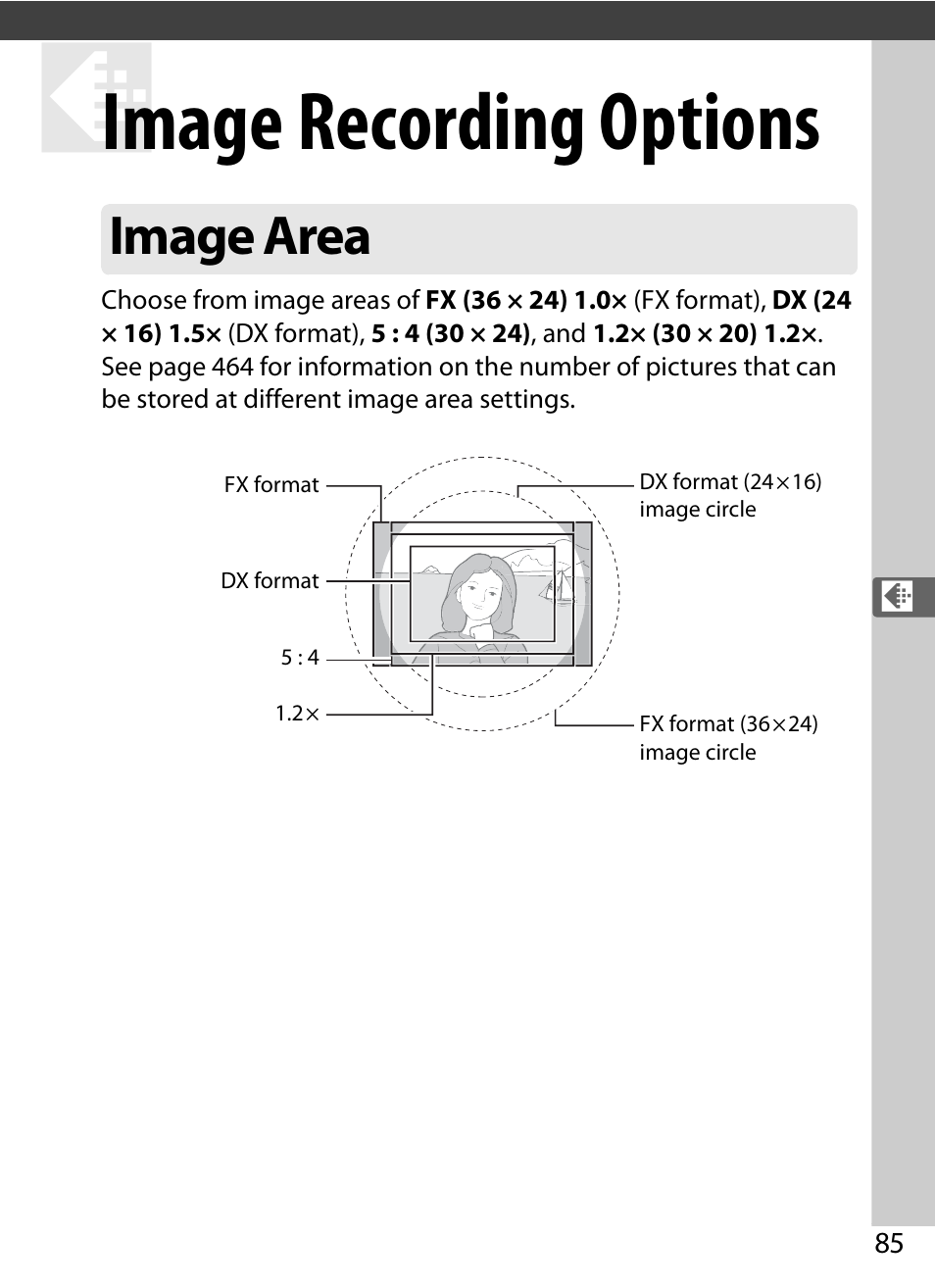 Image recording options, Image area | Nikon D4S User Manual | Page 107 / 500