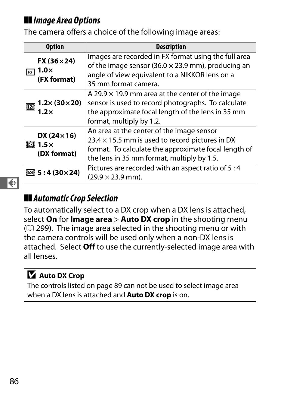 Image area options, Automatic crop selection | Nikon D4S User Manual | Page 108 / 500