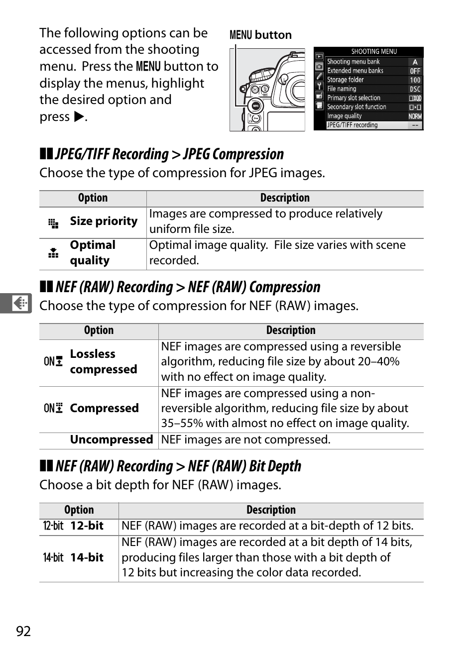 Jpeg/tiff recording > jpeg compression, Nef (raw) recording > nef (raw) compression, Nef (raw) recording > nef (raw) bit depth | Nikon D4S User Manual | Page 114 / 500