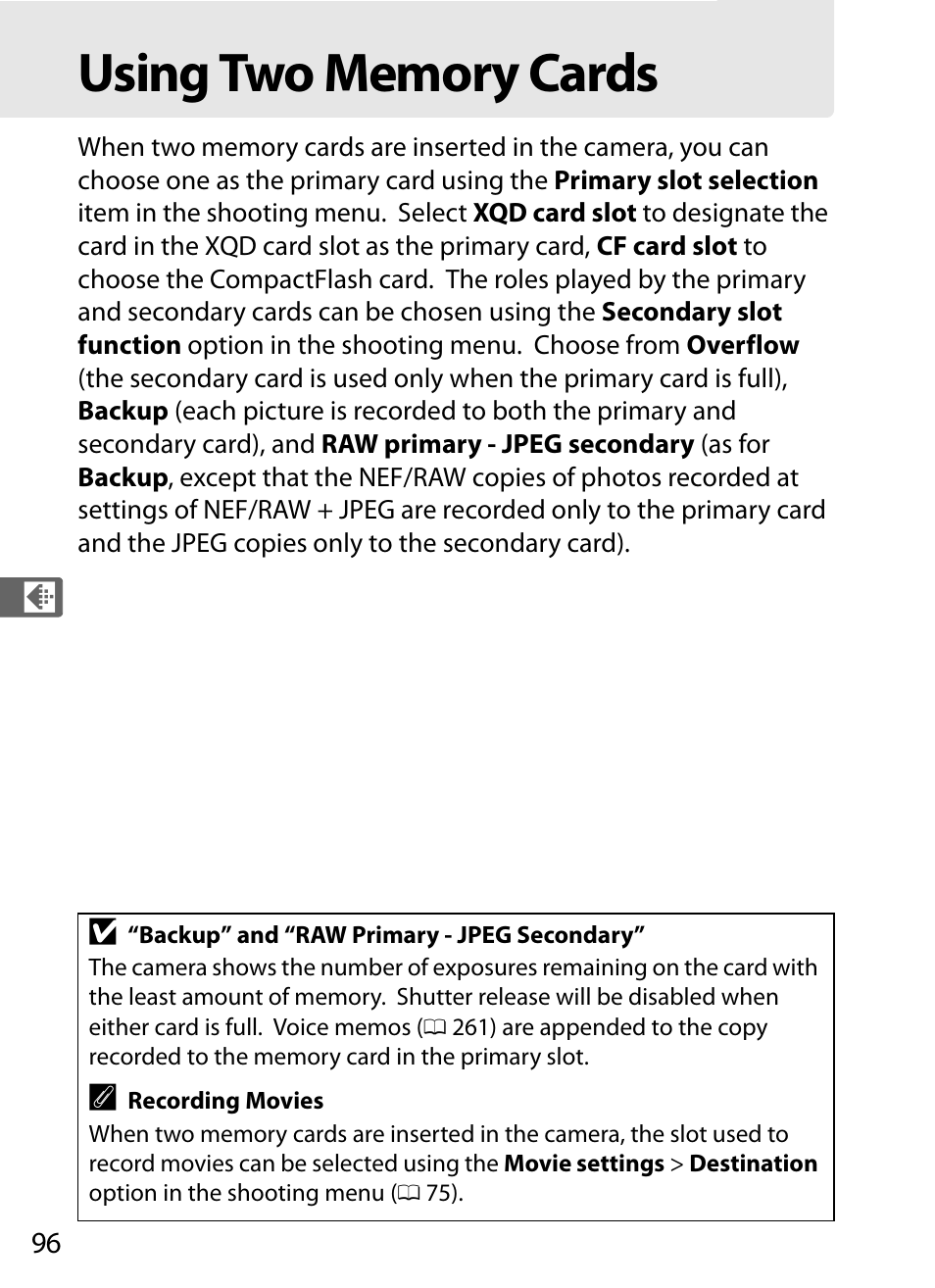 Using two memory cards, Y slot | Nikon D4S User Manual | Page 118 / 500