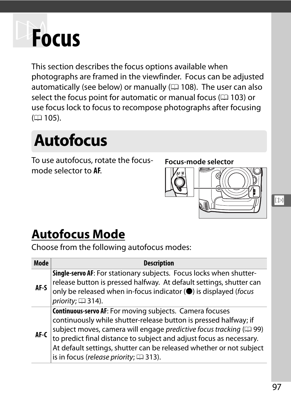 Focus, Autofocus, Autofocus mode | 0 97), single | Nikon D4S User Manual | Page 119 / 500