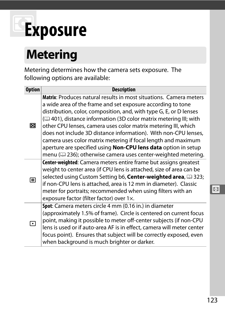 Exposure, Metering | Nikon D4S User Manual | Page 145 / 500
