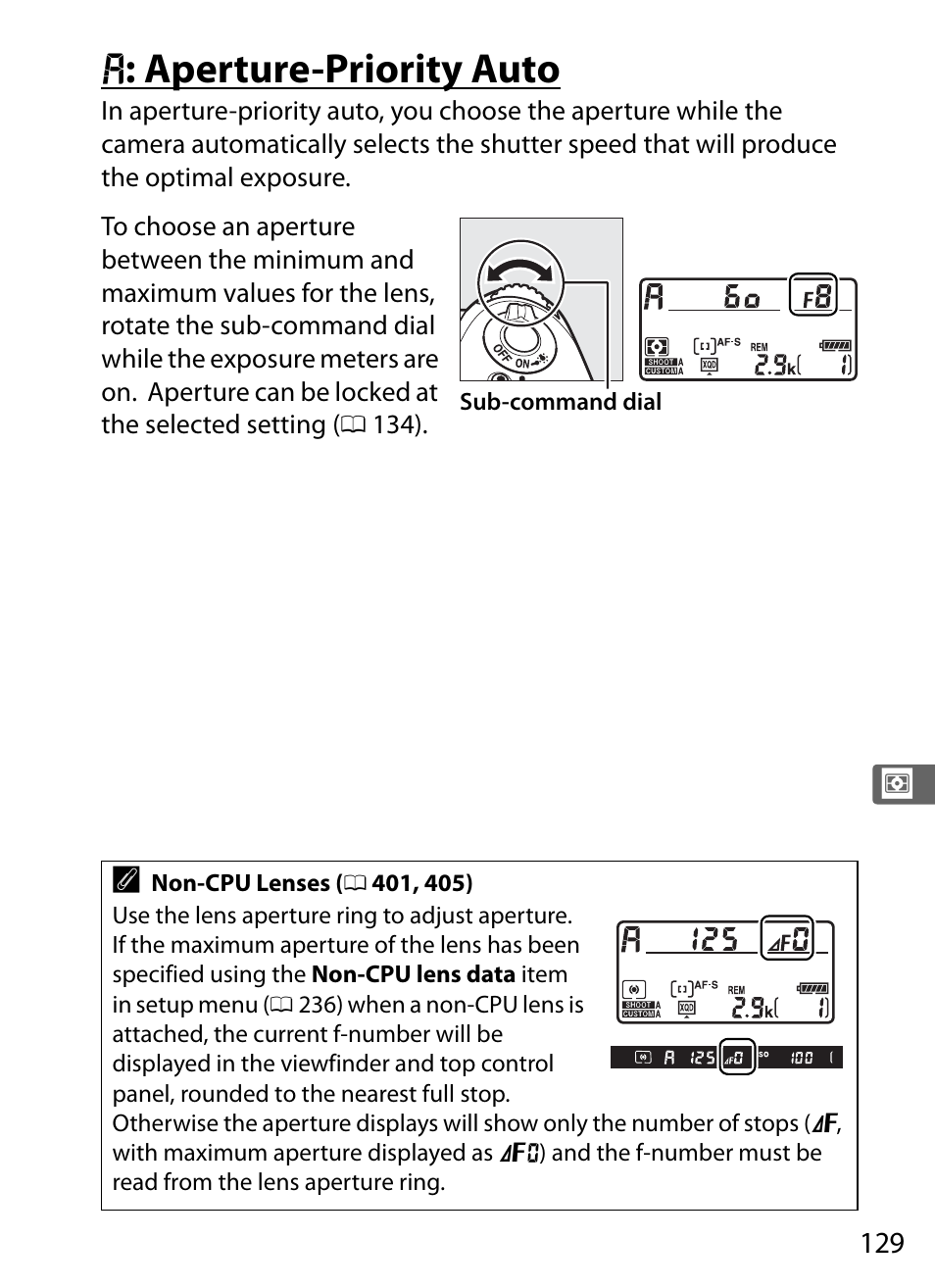 A: aperture-priority auto, 0 129): u, G : aperture-priority auto | Nikon D4S User Manual | Page 151 / 500