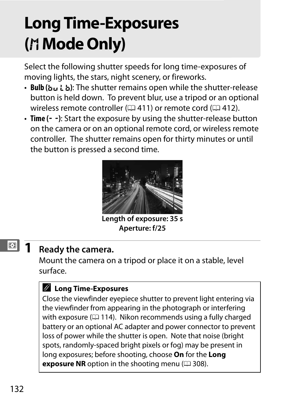 Long time-exposures (m mode only), Long time-exposures ( h mode only) | Nikon D4S User Manual | Page 154 / 500