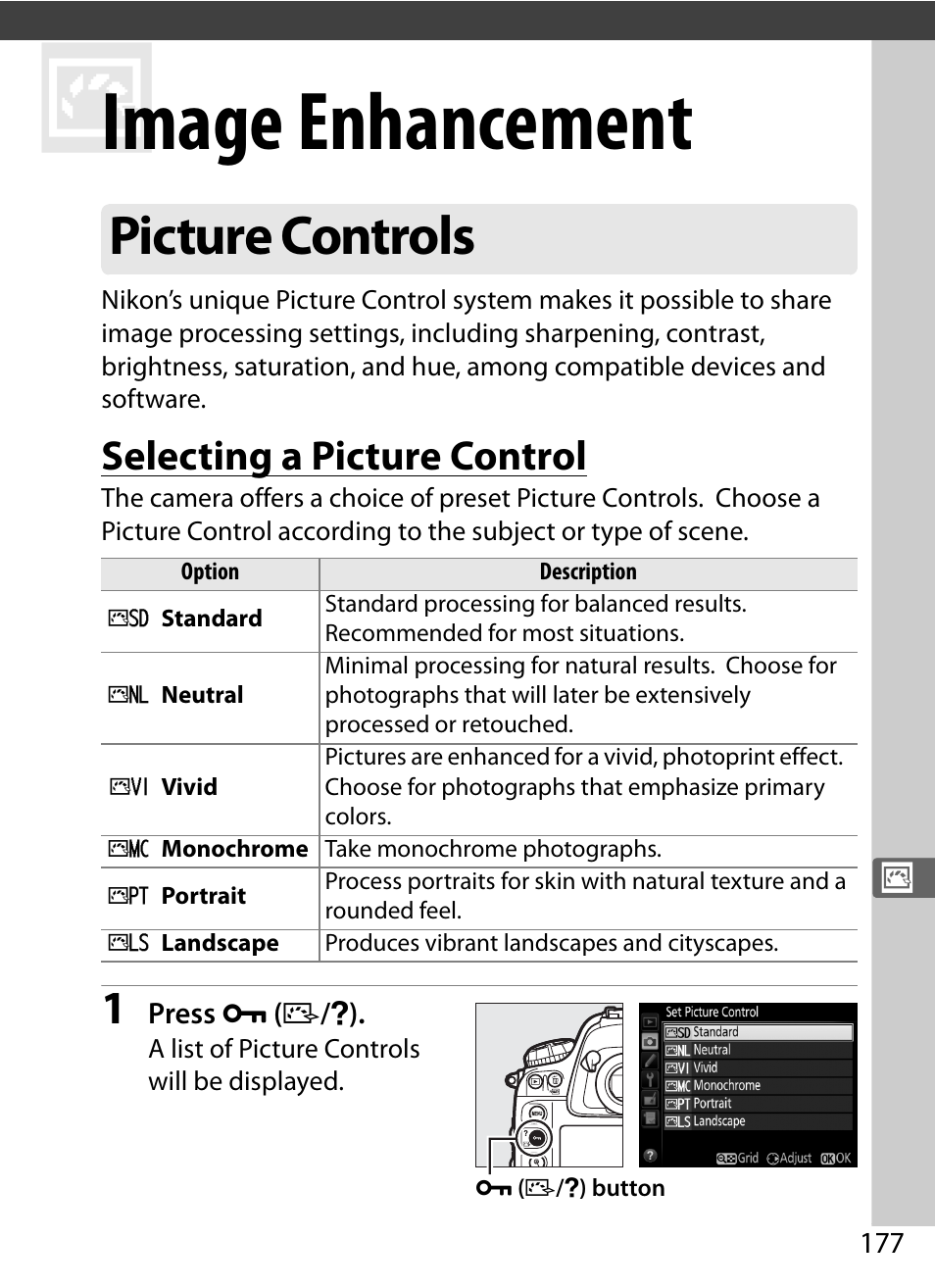 Image enhancement, Picture controls, Selecting a picture control | Nikon D4S User Manual | Page 199 / 500