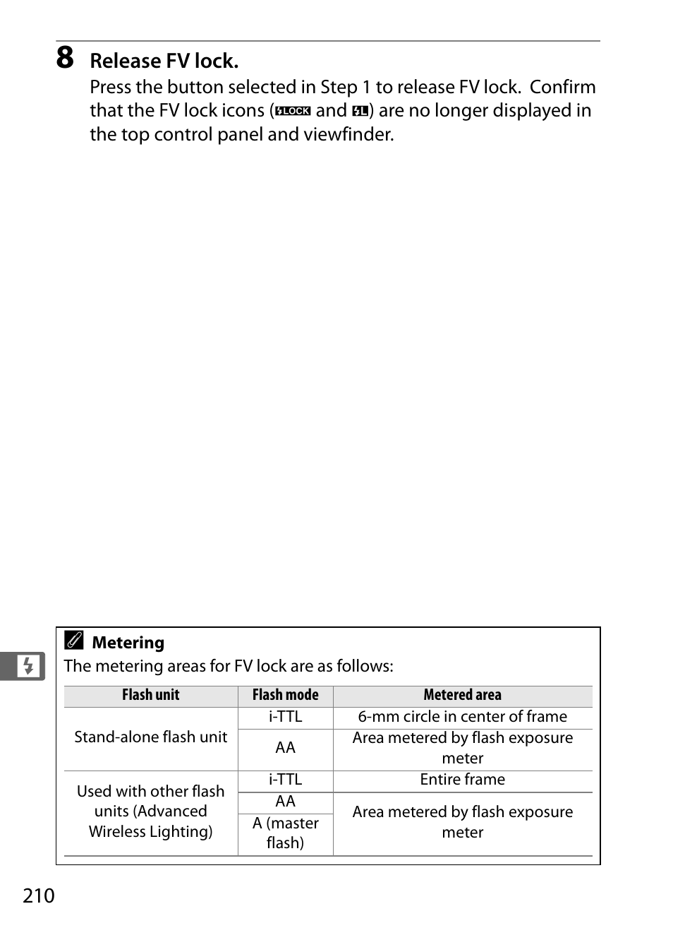 Release fv lock | Nikon D4S User Manual | Page 232 / 500