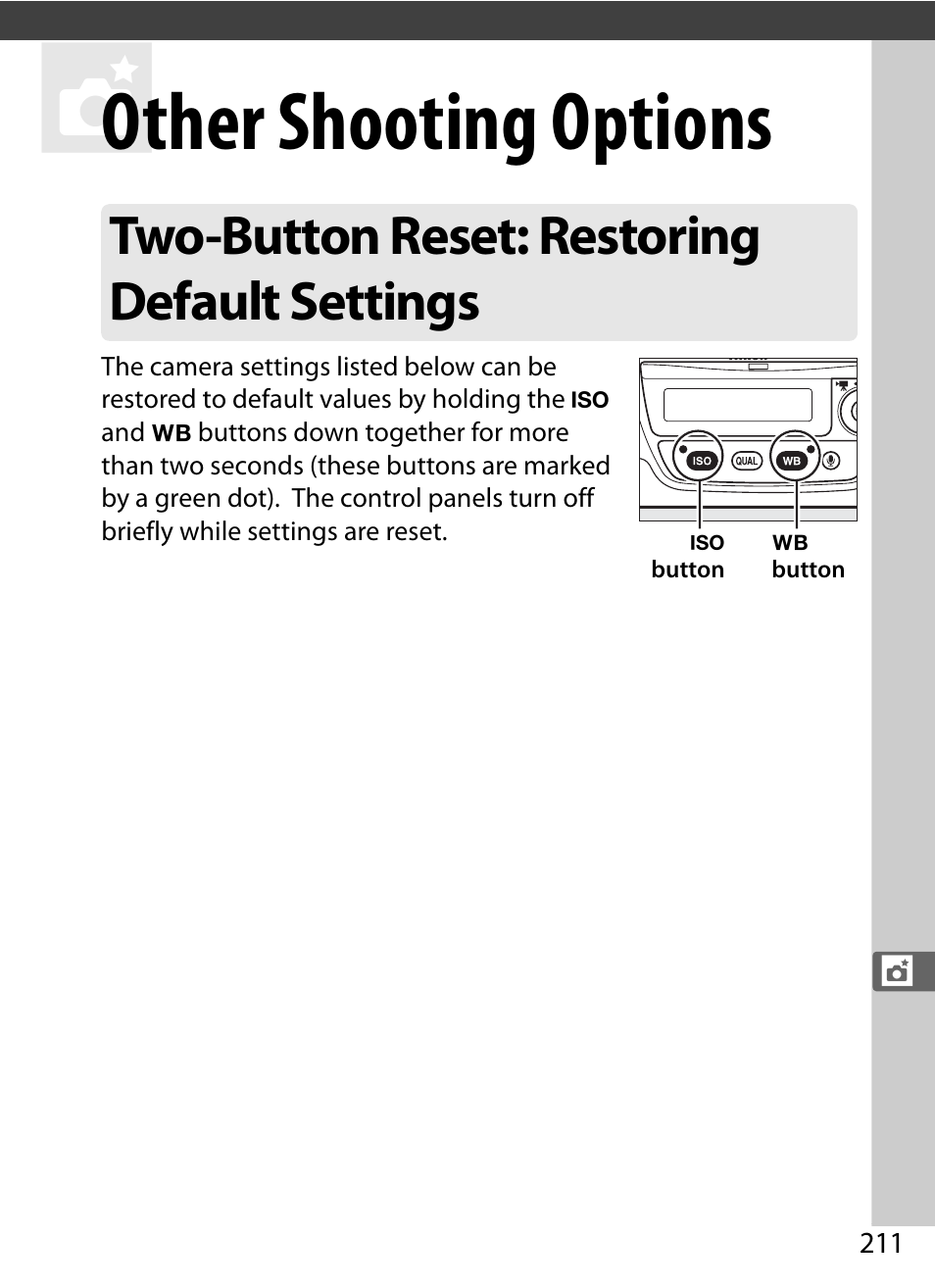 Other shooting options, Two-button reset: restoring default settings | Nikon D4S User Manual | Page 233 / 500