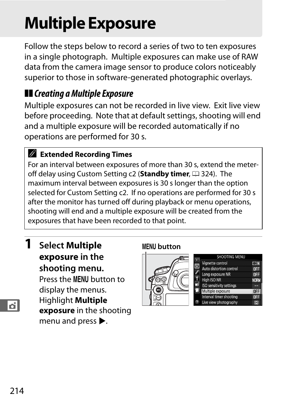Multiple exposure, 0 214), or, 0 214) or in | Nikon D4S User Manual | Page 236 / 500