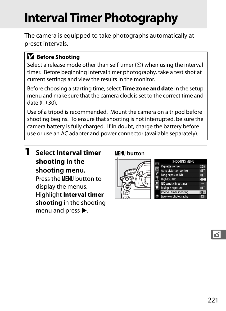 Interval timer photography, 0 221) disables h | Nikon D4S User Manual | Page 243 / 500