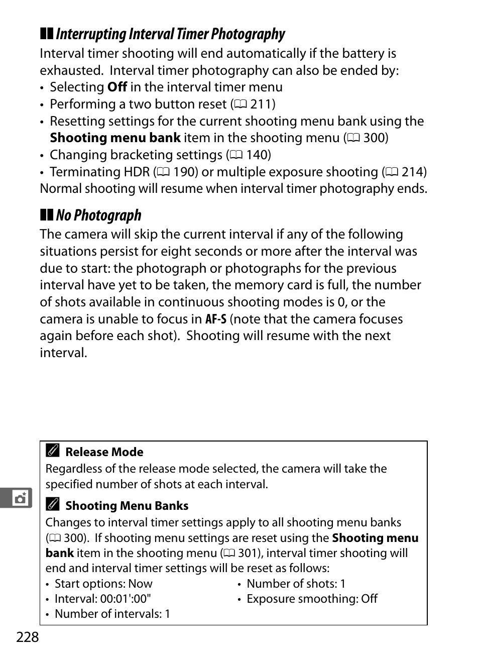 Interrupting interval timer photography, No photograph | Nikon D4S User Manual | Page 250 / 500