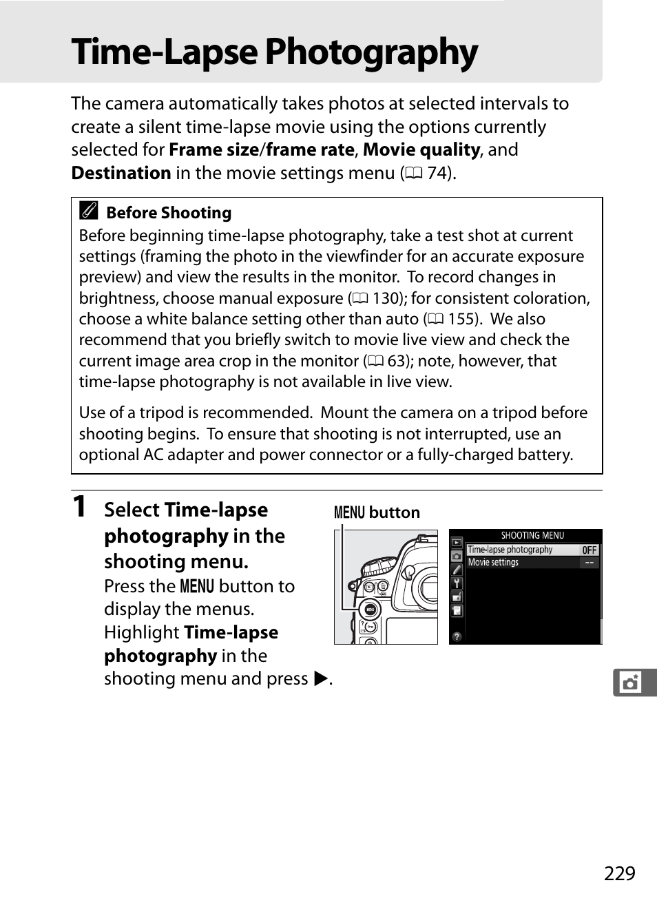 Time-lapse photography, 0 229) can not be used, 0 229) and is not | Nikon D4S User Manual | Page 251 / 500