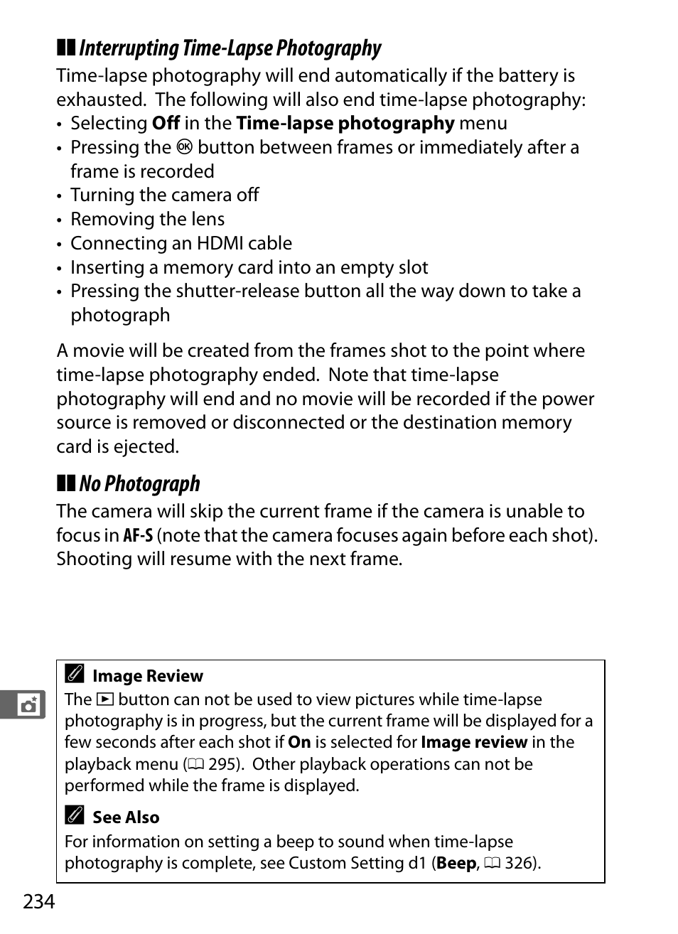 Interrupting time-lapse photography, No photograph | Nikon D4S User Manual | Page 256 / 500