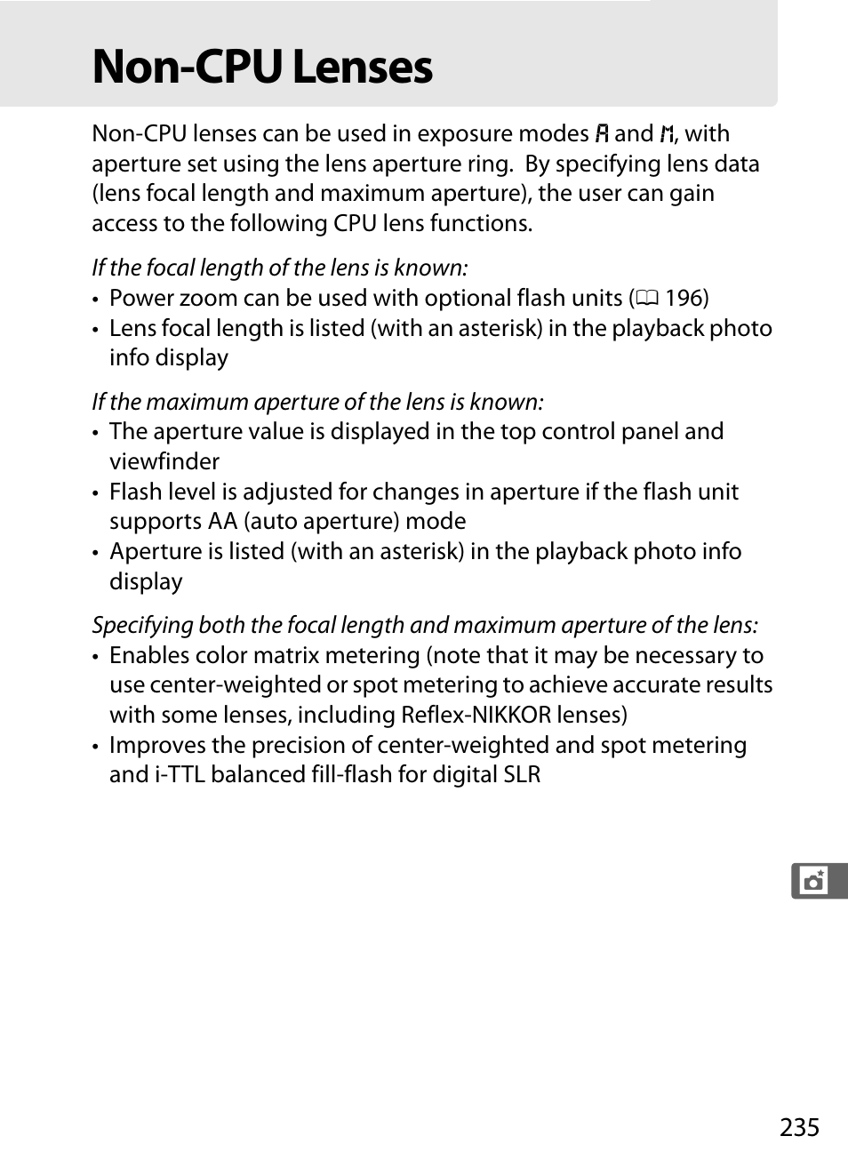 Non-cpu lenses | Nikon D4S User Manual | Page 257 / 500