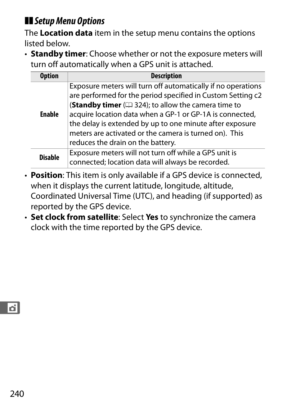 The gps unit, Setup menu options | Nikon D4S User Manual | Page 262 / 500