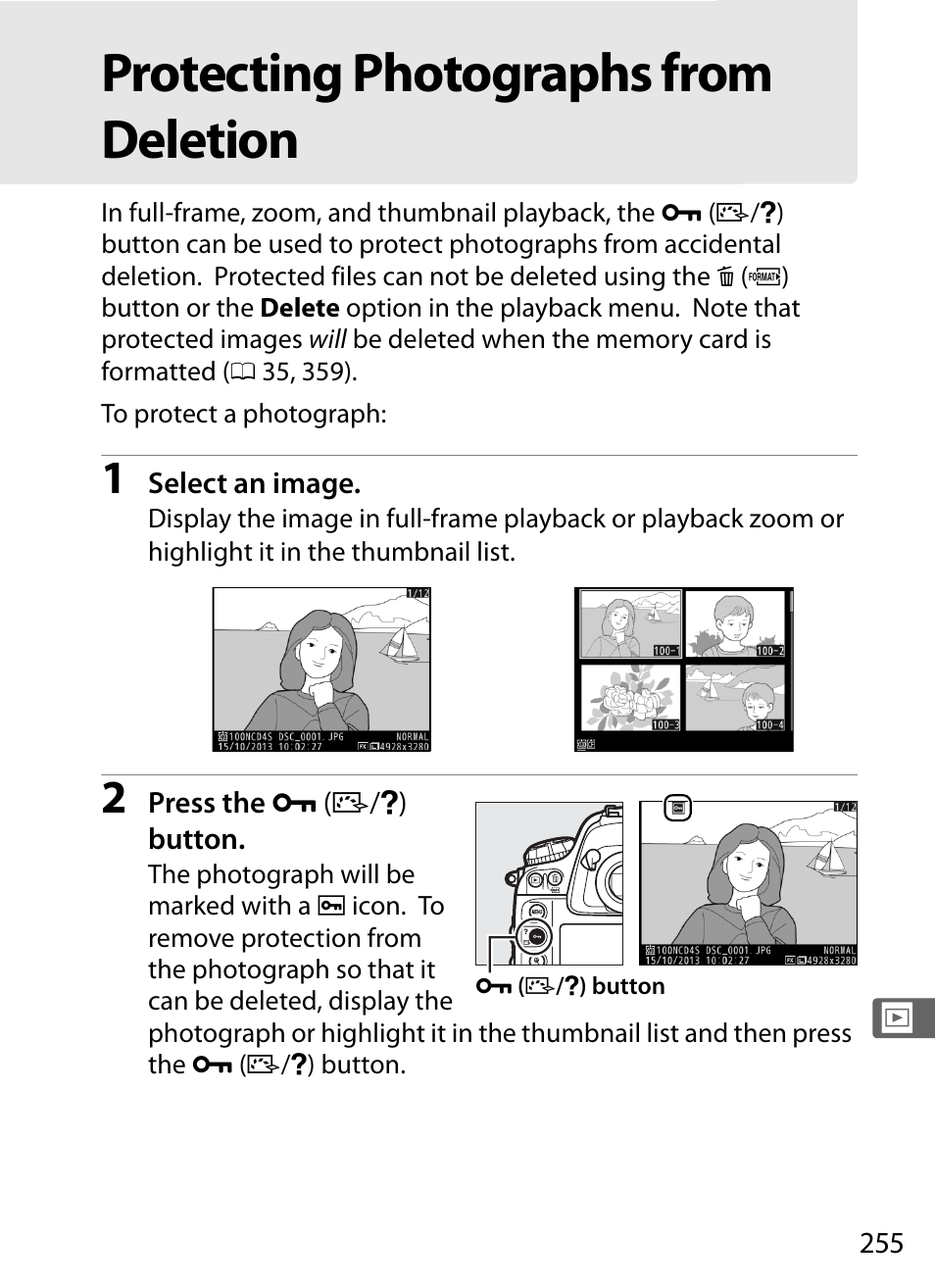 Protecting photographs from deletion | Nikon D4S User Manual | Page 277 / 500