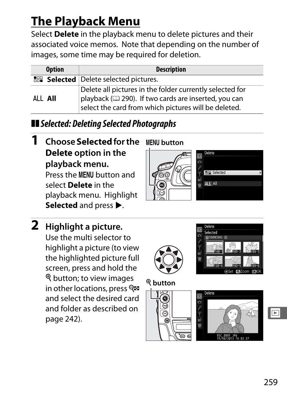 The playback menu | Nikon D4S User Manual | Page 281 / 500