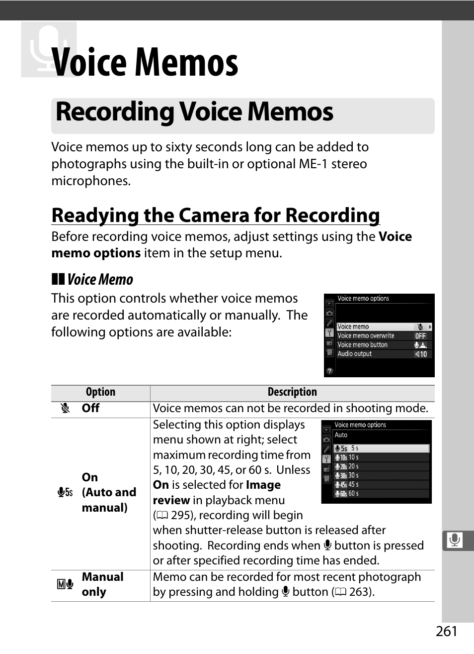 Voice memos, Recording voice memos, E memos | 0 261) ar, Readying the camera for recording | Nikon D4S User Manual | Page 283 / 500