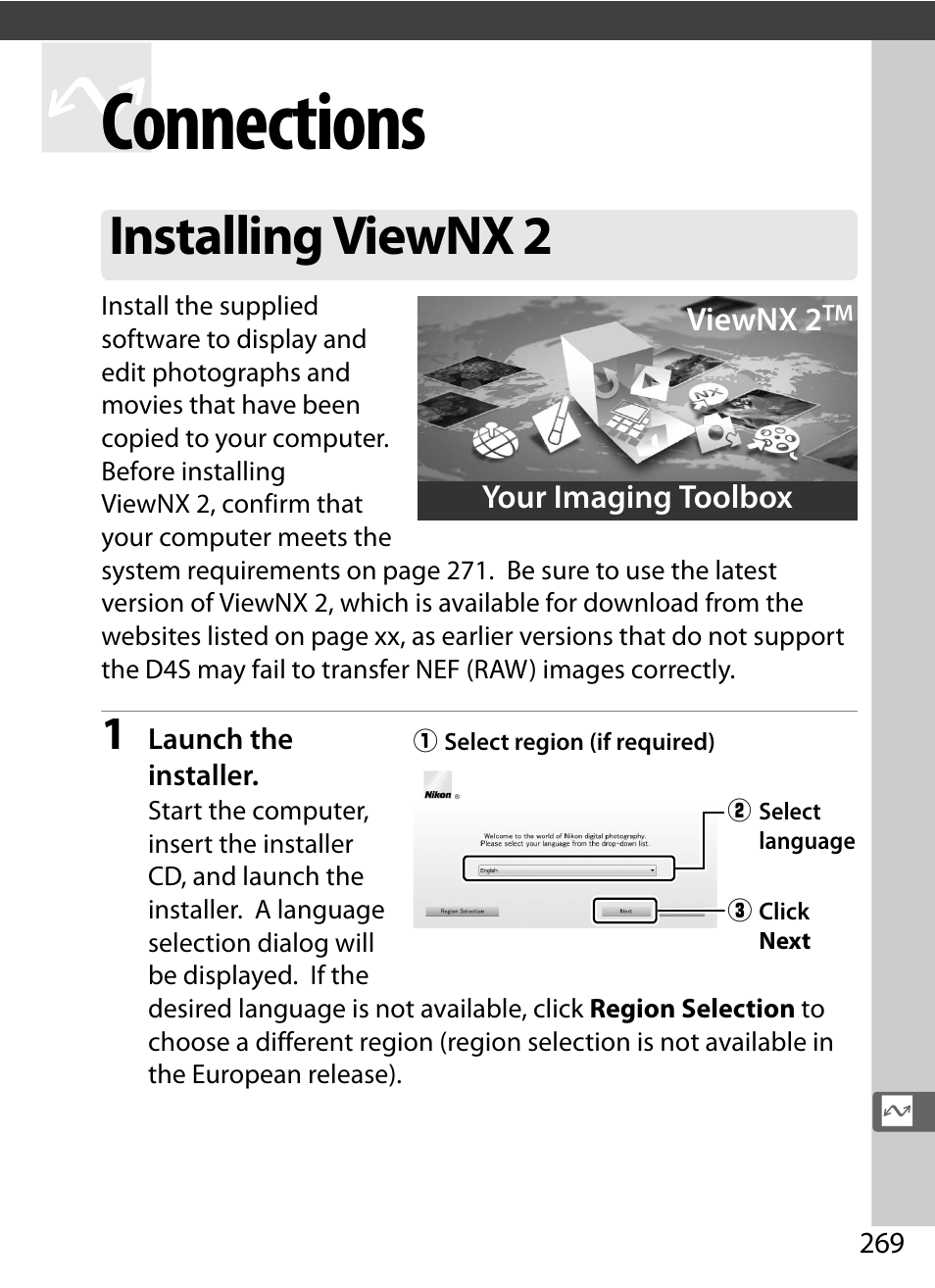 Connections, Installing viewnx 2 | Nikon D4S User Manual | Page 291 / 500