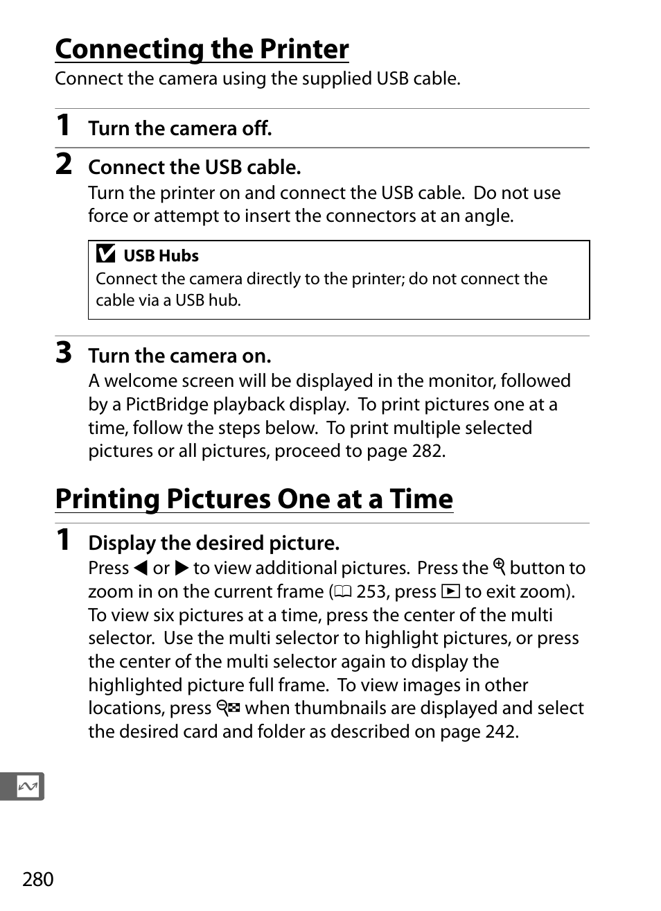 Connecting the printer, Printing pictures one at a time | Nikon D4S User Manual | Page 302 / 500