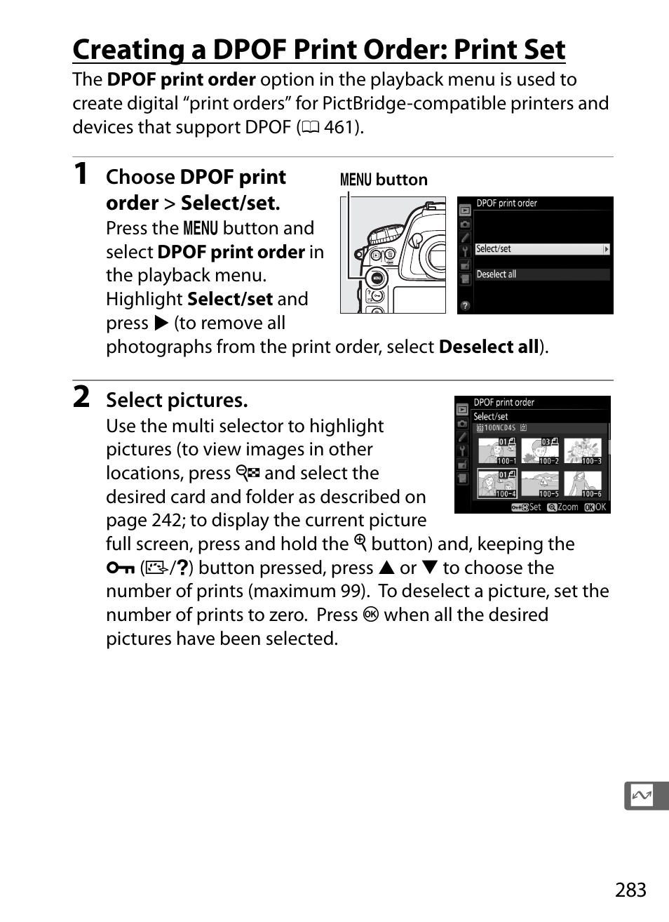 Creating a dpof print order: print set | Nikon D4S User Manual | Page 305 / 500