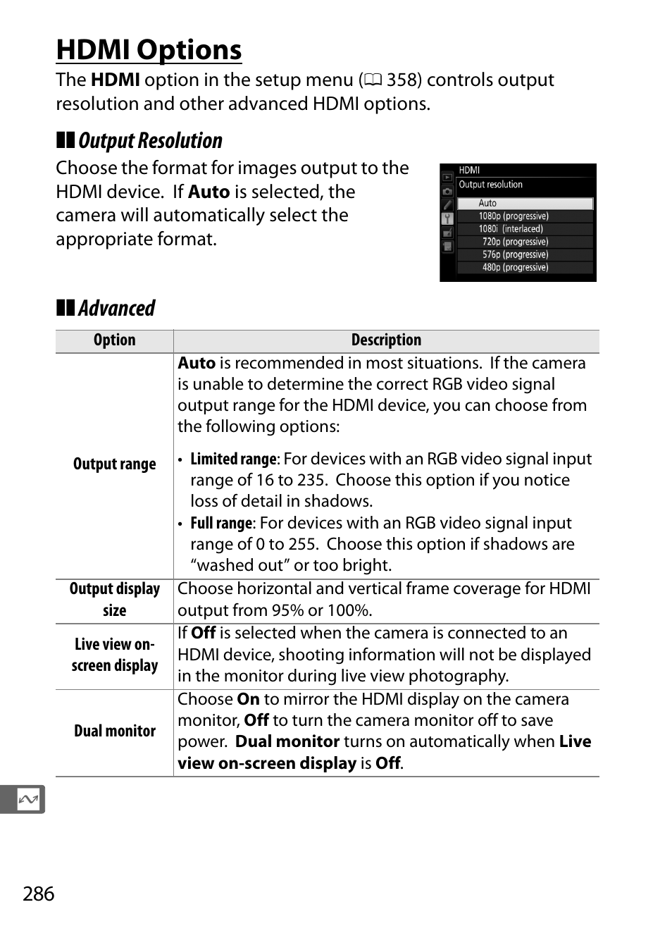 Hdmi options, Output resolution, Advanced | Nikon D4S User Manual | Page 308 / 500