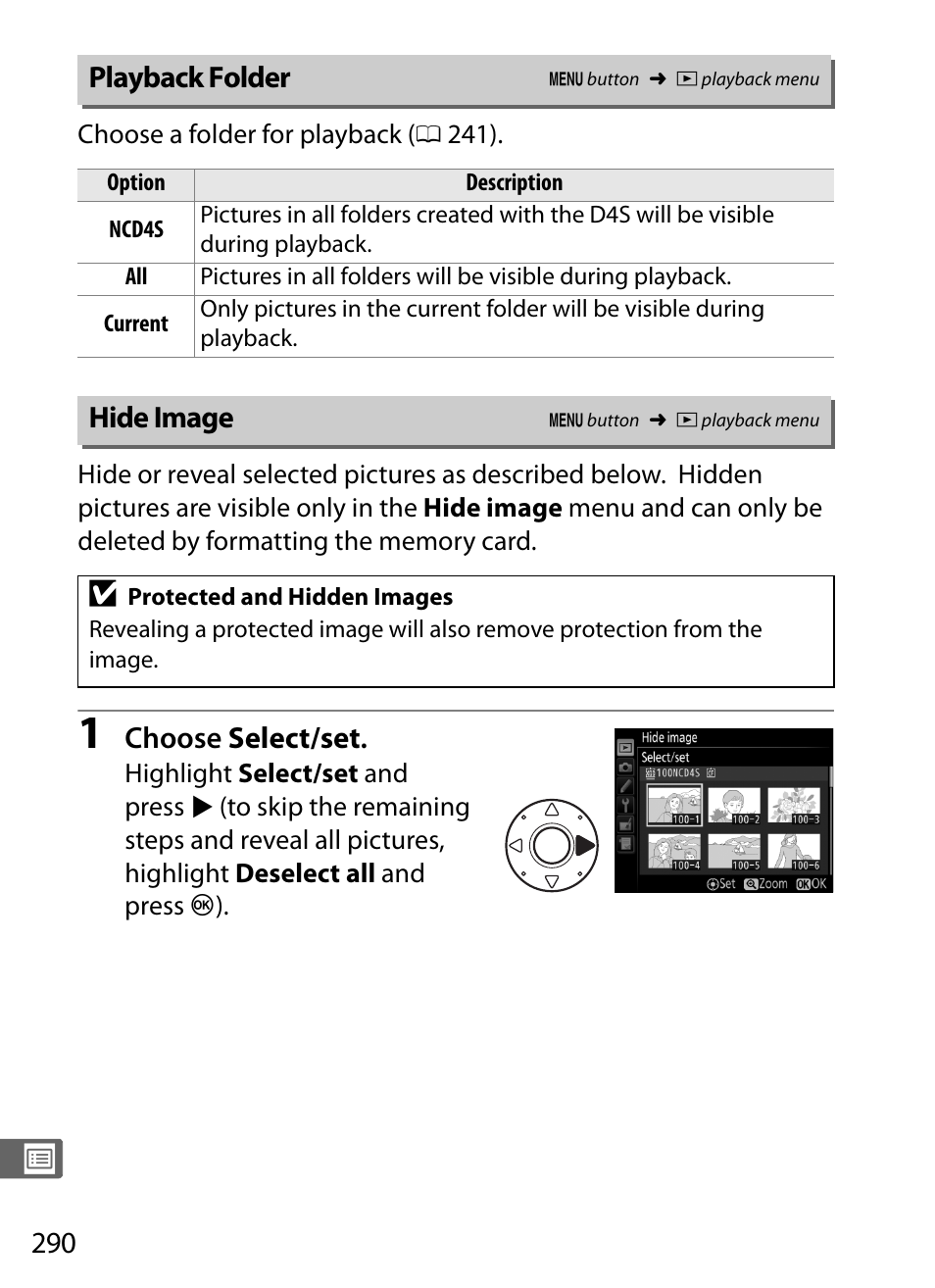 Playback folder, Hide image | Nikon D4S User Manual | Page 312 / 500