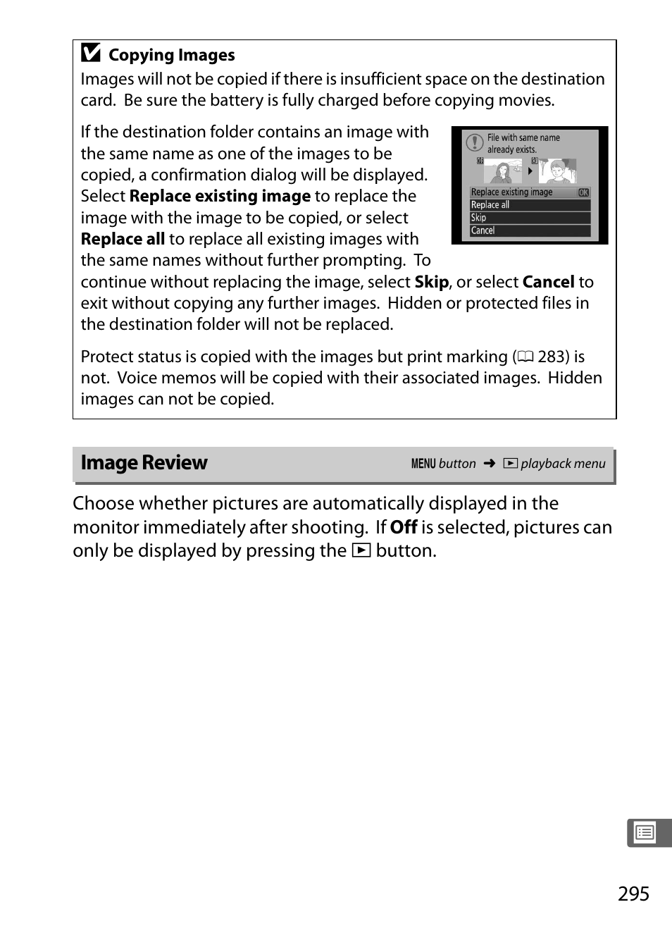 Image review, 0 295) in the | Nikon D4S User Manual | Page 317 / 500