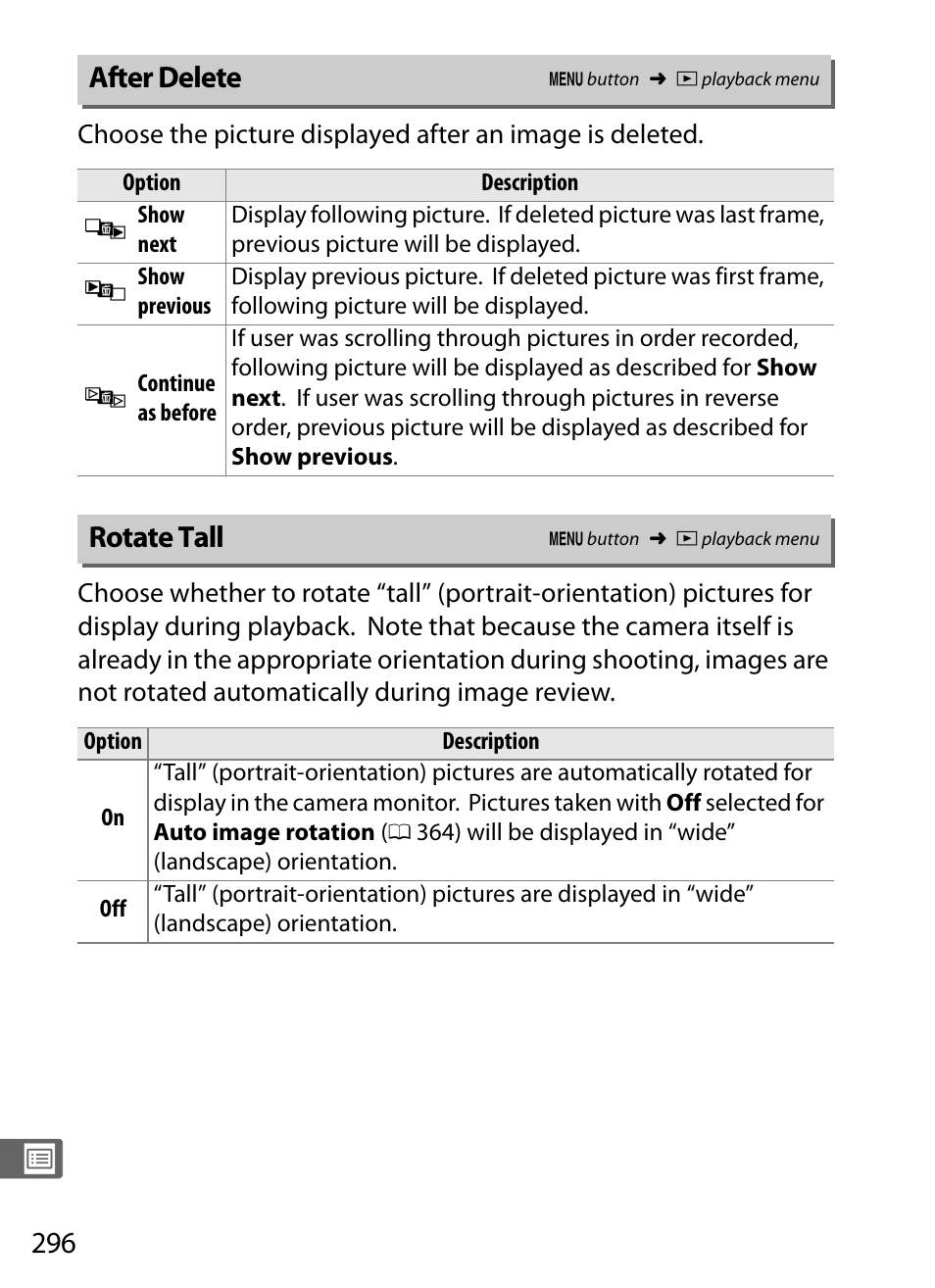 After delete, Rotate tall | Nikon D4S User Manual | Page 318 / 500