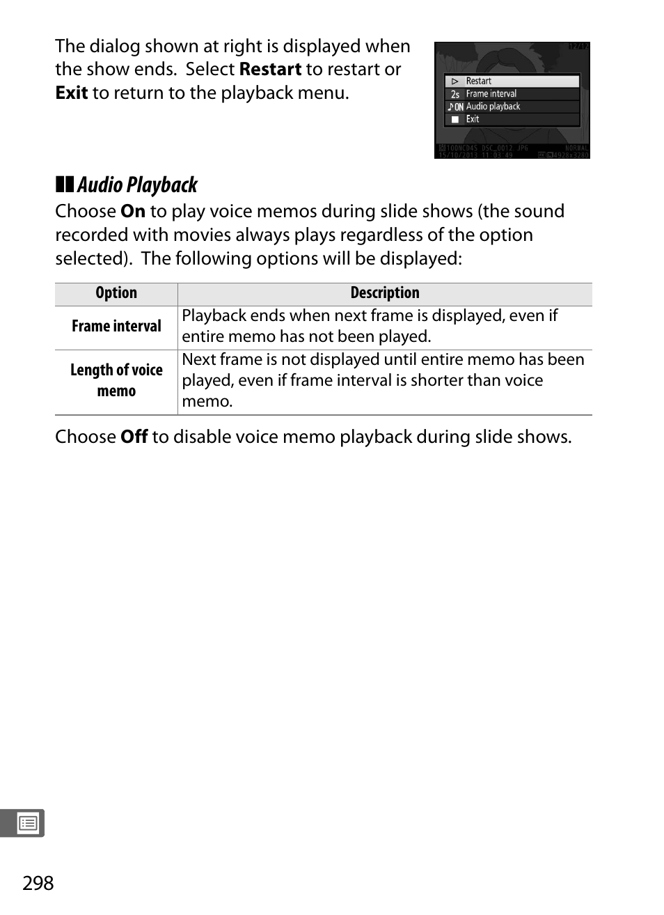 Audio playback | Nikon D4S User Manual | Page 320 / 500