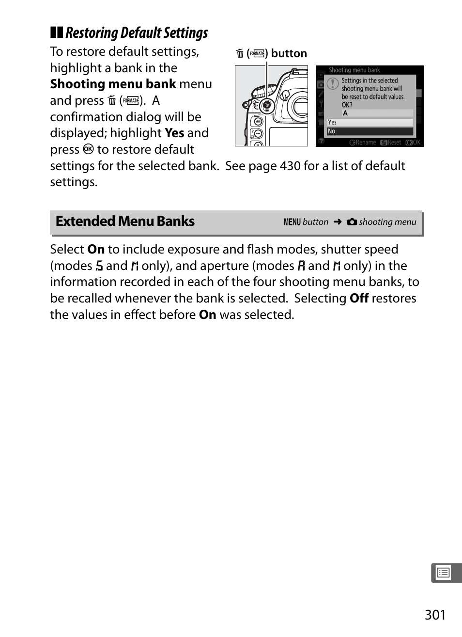 Extended menu banks, 0 301), in, Restoring default settings | Nikon D4S User Manual | Page 323 / 500
