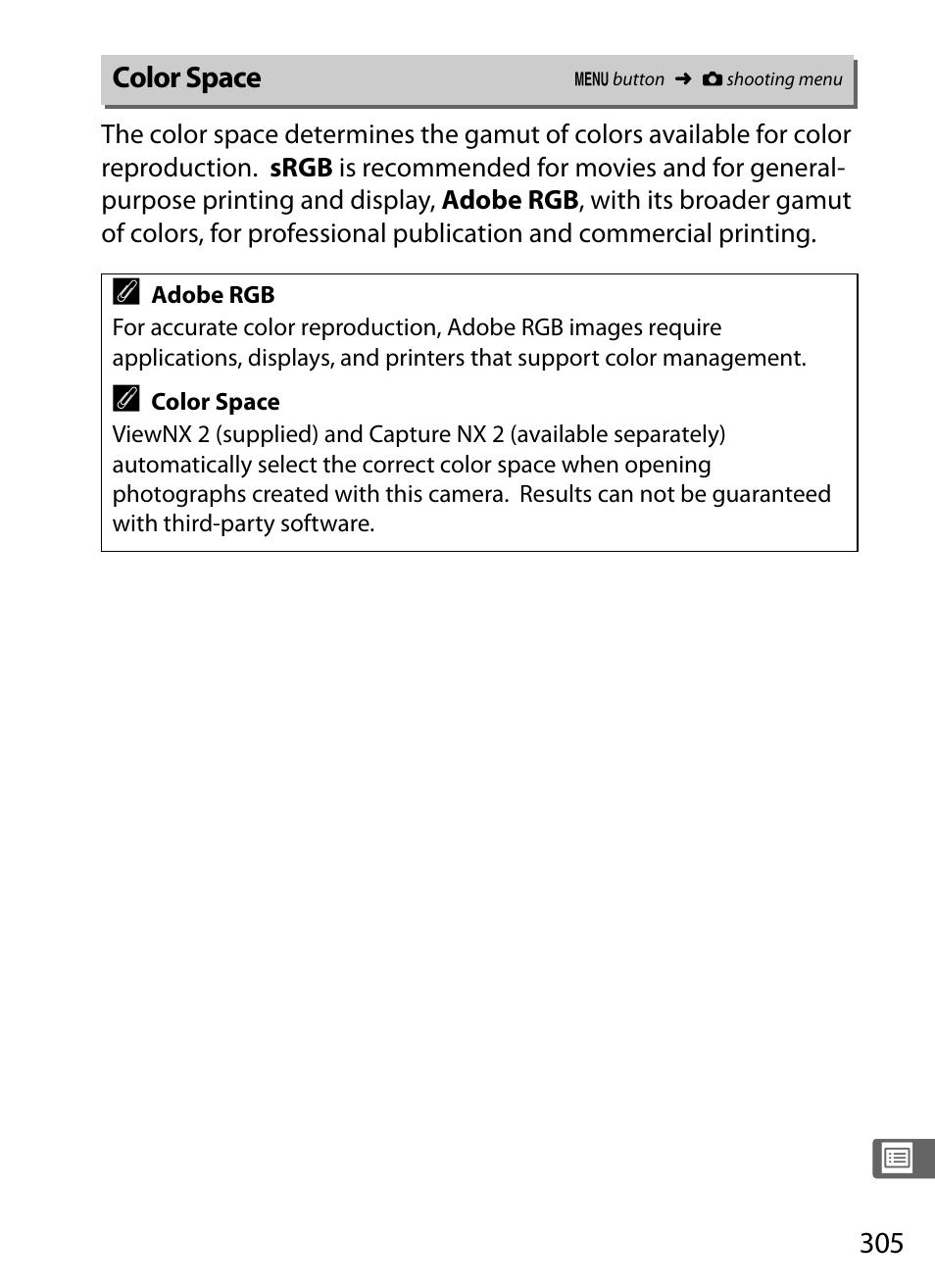 Color space, 0 305) and p | Nikon D4S User Manual | Page 327 / 500