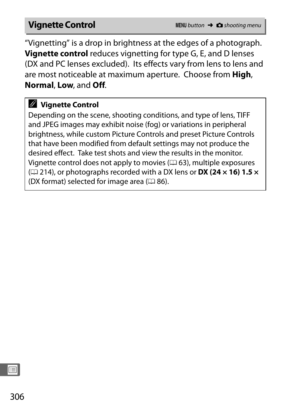 Vignette control, L (0 306), dist | Nikon D4S User Manual | Page 328 / 500