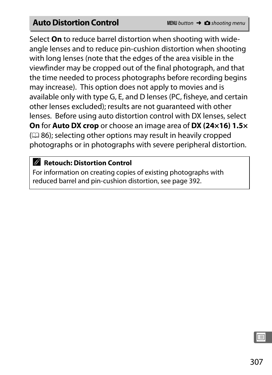 Auto distortion control, 0 307), multiple | Nikon D4S User Manual | Page 329 / 500
