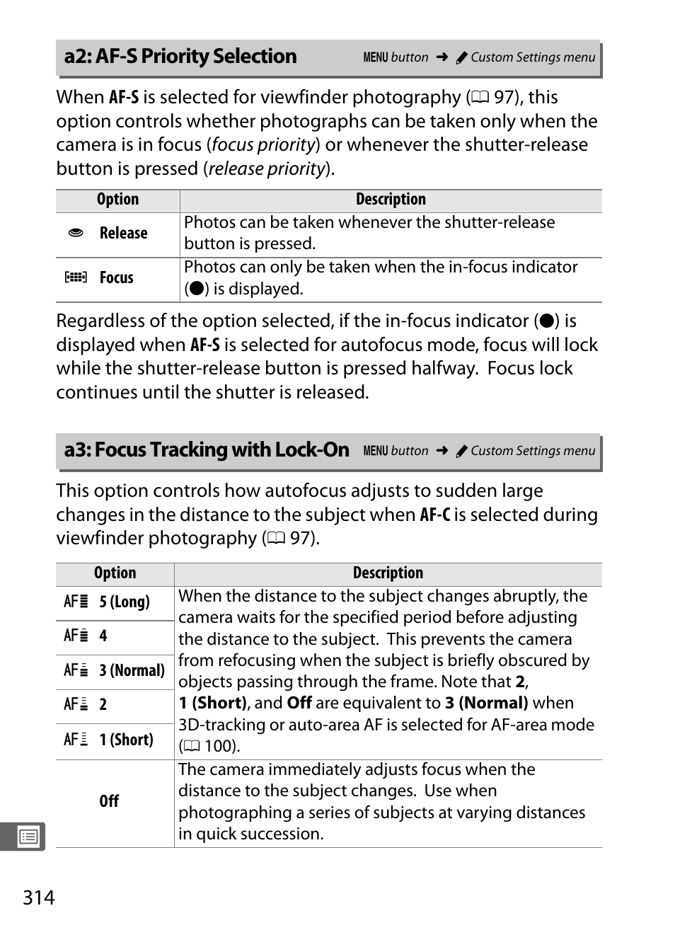 A2: af-s priority selection, A3: focus tracking with lock-on, 0 314) in | Nikon D4S User Manual | Page 336 / 500