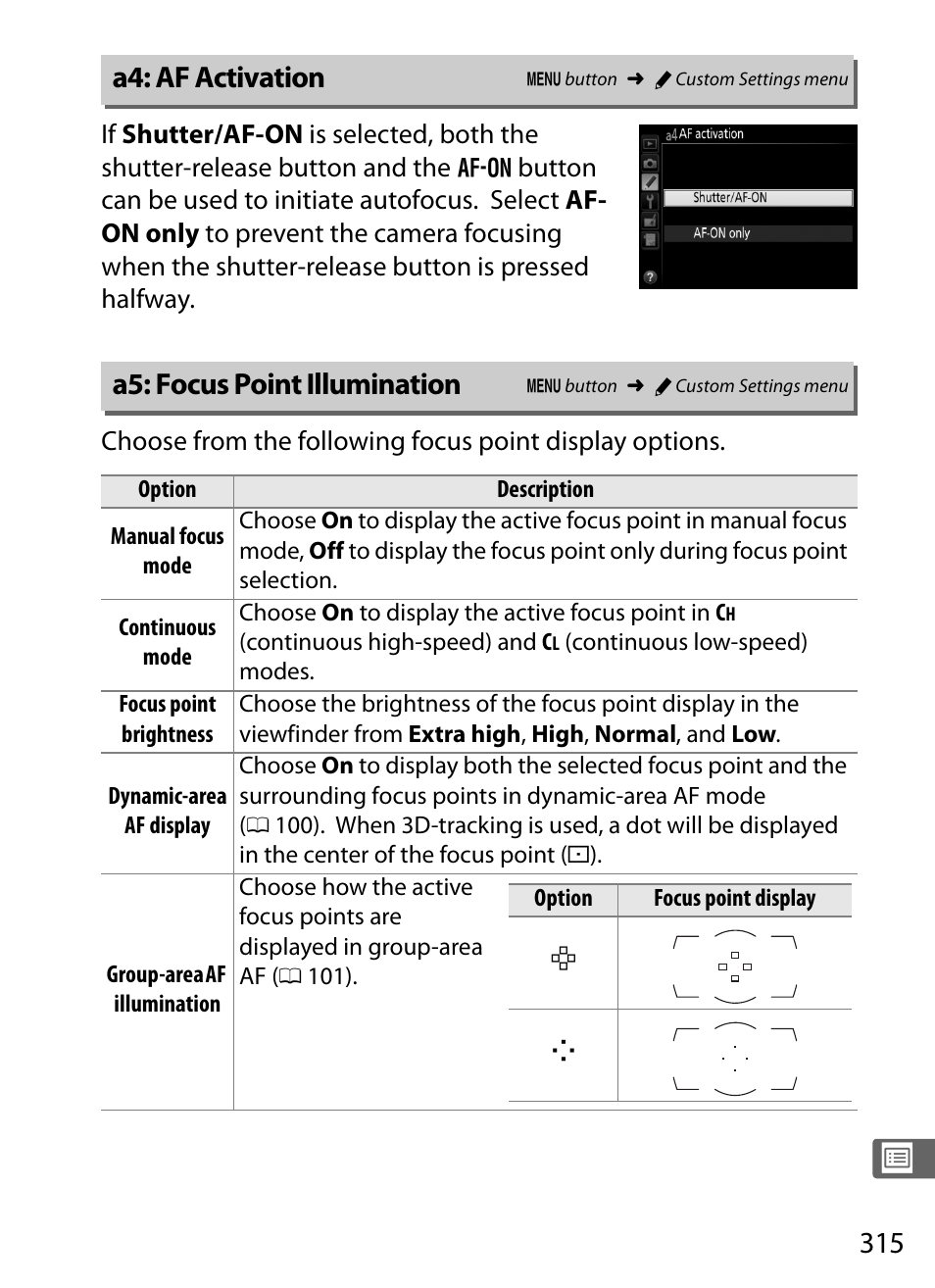 A4: af activation, A5: focus point illumination, 0 315) f | 0 315), the | Nikon D4S User Manual | Page 337 / 500