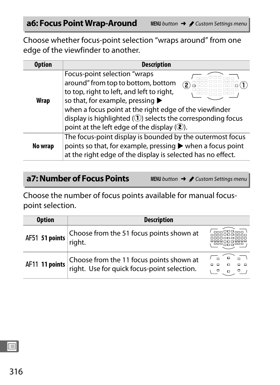 A6: focus point wrap-around, A7: number of focus points | Nikon D4S User Manual | Page 338 / 500