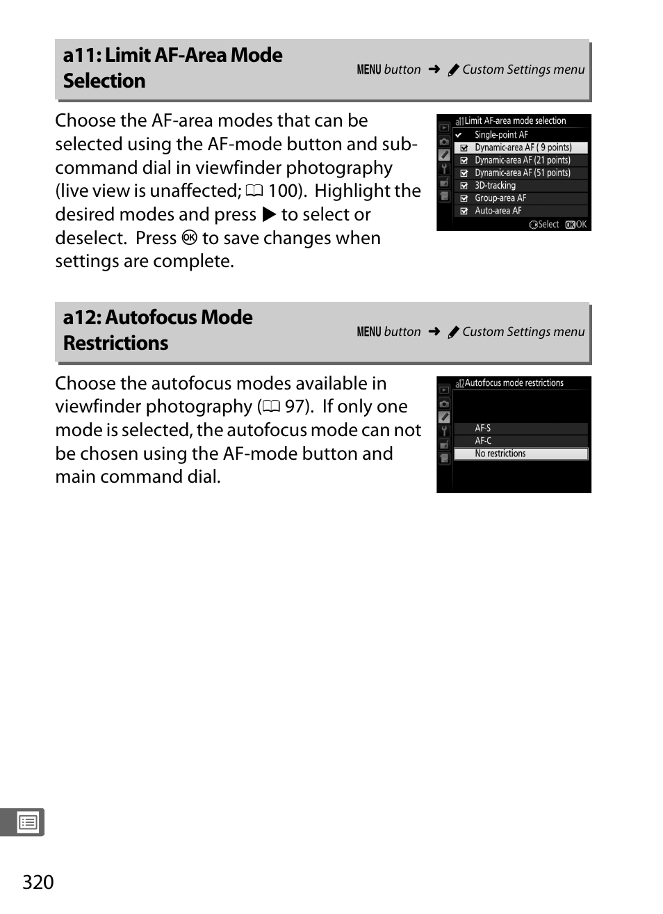 A11: limit af-area mode selection, A12: autofocus mode restrictions, 0 320) f | Nikon D4S User Manual | Page 342 / 500