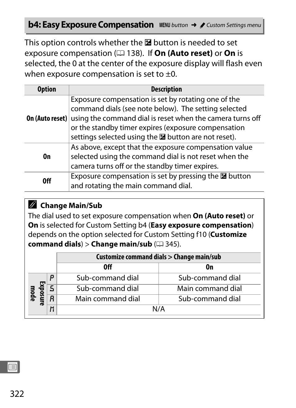 B4: easy exposure compensation | Nikon D4S User Manual | Page 344 / 500