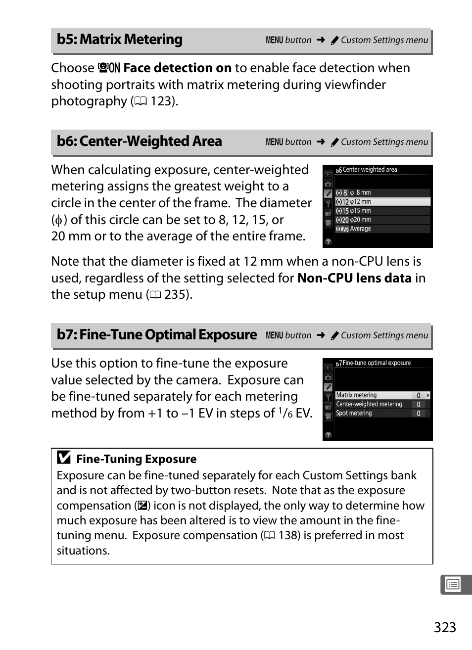 B5: matrix metering, B6: center-weighted area, B7: fine-tune optimal exposure | 0 323) ha | Nikon D4S User Manual | Page 345 / 500