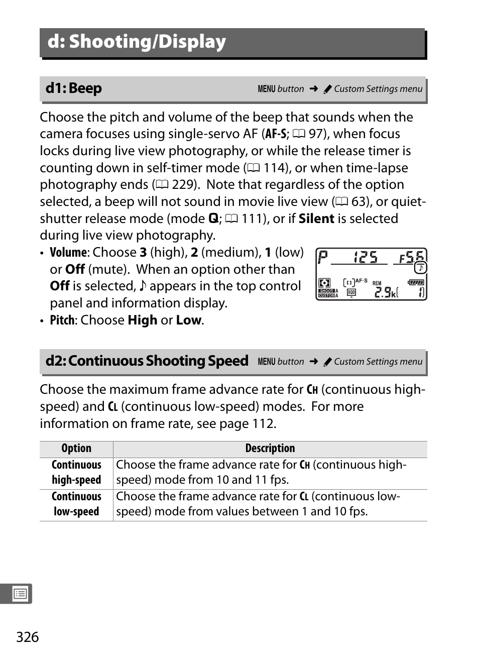 D: shooting/display, D1: beep, D2: continuous shooting speed | Nikon D4S User Manual | Page 348 / 500