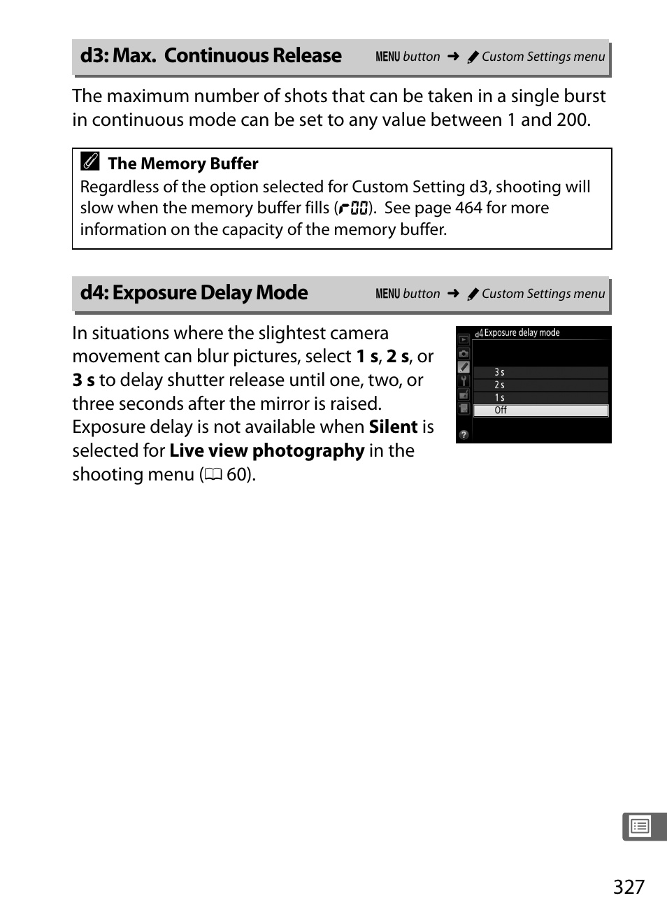 D3: max. continuous release, D4: exposure delay mode | Nikon D4S User Manual | Page 349 / 500