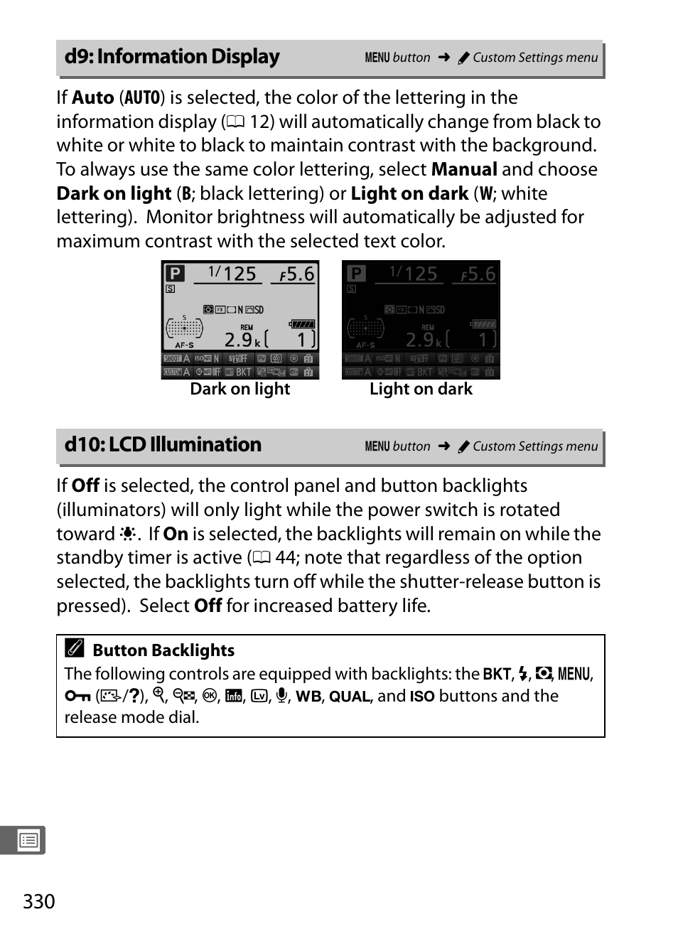 D9: information display, D10: lcd illumination | Nikon D4S User Manual | Page 352 / 500