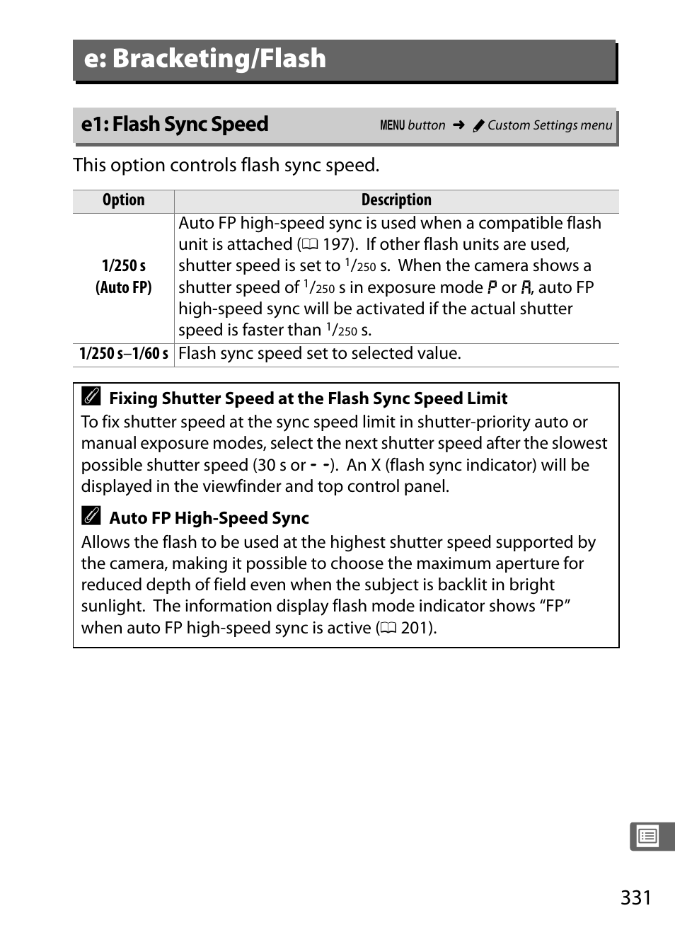 E: bracketing/flash, E1: flash sync speed | Nikon D4S User Manual | Page 353 / 500