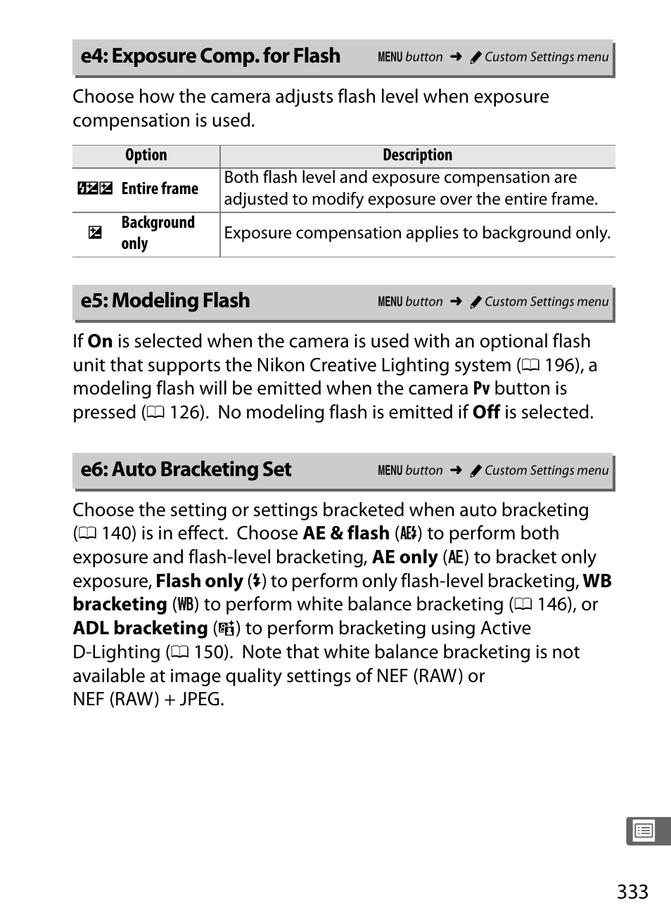 E4: exposure comp. for flash, E5: modeling flash, E6: auto bracketing set | 0 333) can | Nikon D4S User Manual | Page 355 / 500