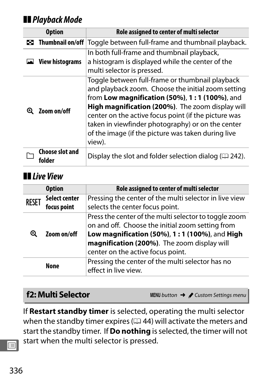F2: multi selector, Playback mode ❚❚ live view | Nikon D4S User Manual | Page 358 / 500