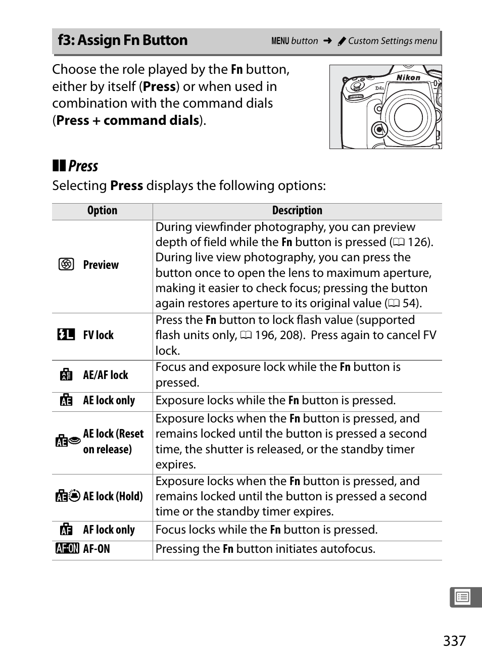 F3: assign fn button, 0 337), f4, Press | Nikon D4S User Manual | Page 359 / 500