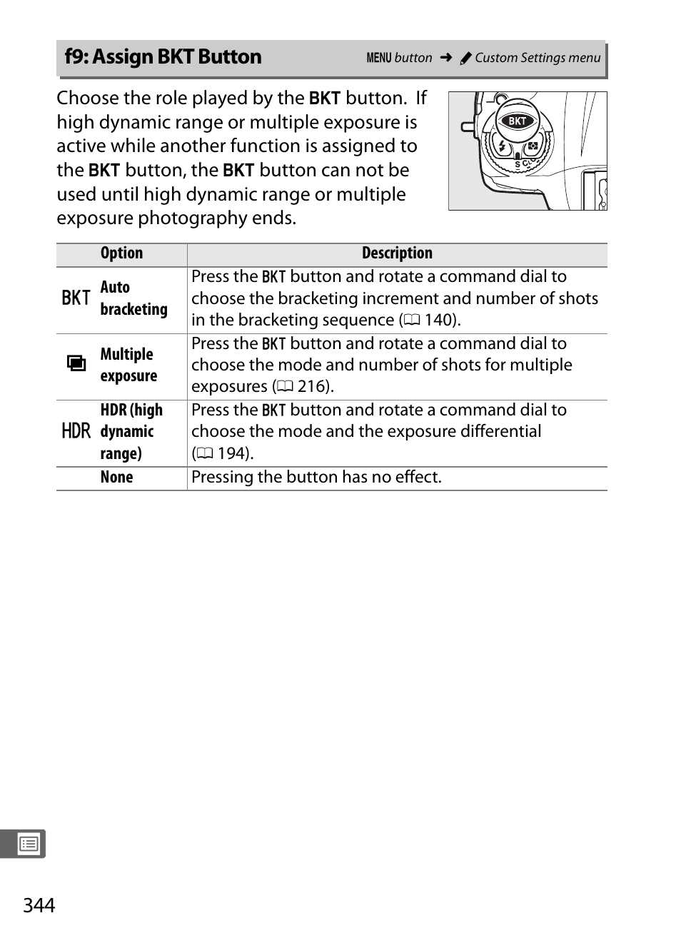 F9: assign bkt button | Nikon D4S User Manual | Page 366 / 500