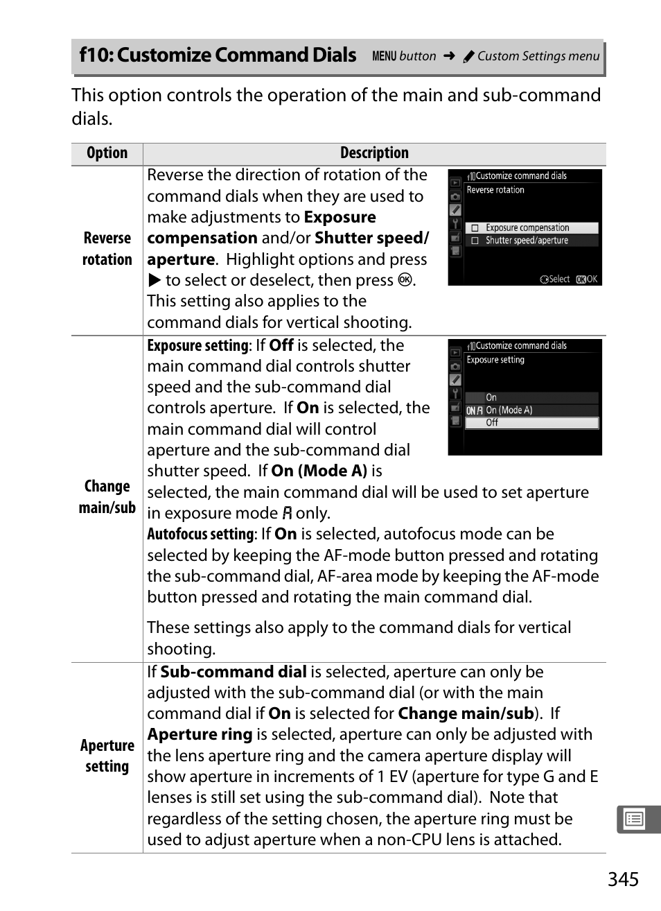 F10: customize command dials, 0 345) f | Nikon D4S User Manual | Page 367 / 500